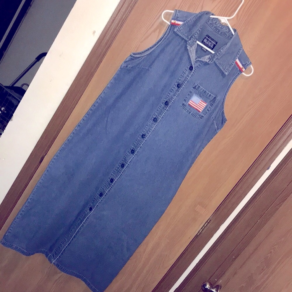 Blue J L Denim Button Up Maxi Flag Detail Dress Patriotic
